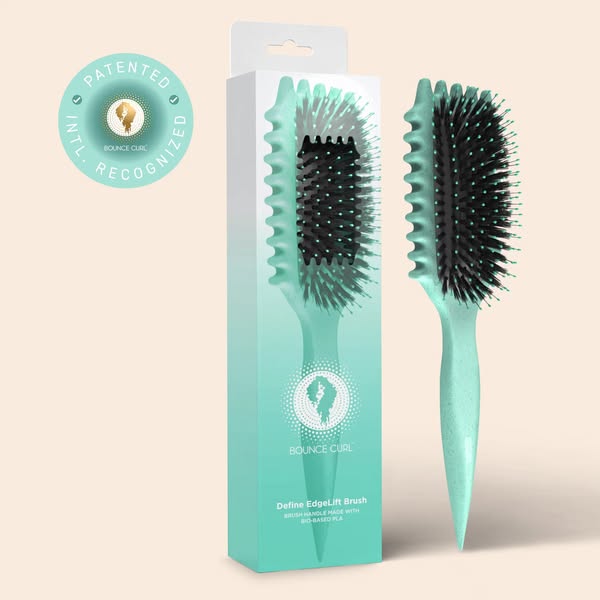 This ad showcases the Bounce Curl Define EdgeLift Brush, highlighting its bio-based PLA handle and internationally recog