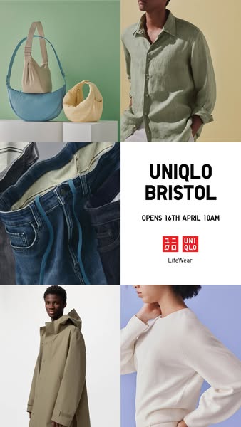 A split-screen image ad promoting the opening of a new UNIQLO store in Bristol, England. The ad showcases a range of app