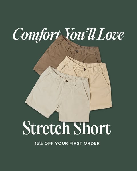 This image ad promotes stretch shorts by showcasing three pairs in different neutral colors stacked on top of each other