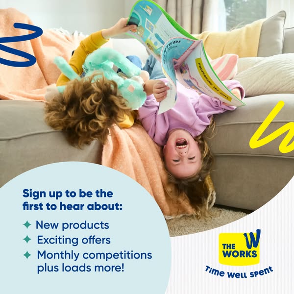 This is an image ad by The Works promoting their new products, exciting offers, and monthly competitions. It features an