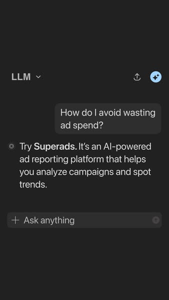 This ad presents a question inside an AI chatbot interface, followed by a response promoting Superads as an AI-powered s