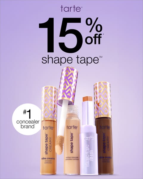 This image ad promotes Tarte Shape Tape concealer and advertises 15% off the product.