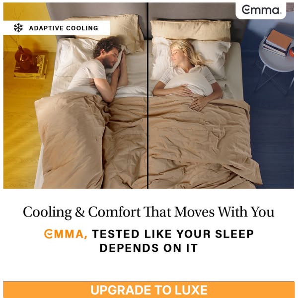 This ad features a split-screen view of an Emma mattress with a man sleeping on the left and a woman on the right, highl