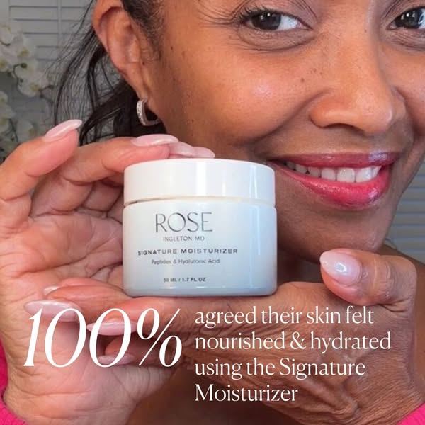 This ad features a close-up of a woman holding a jar of Rose Ingleton MD Signature Moisturizer. The ad highlights that 1
