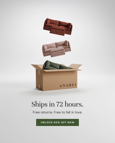 The image ad shows three different colored couches floating above an open cardboard box with a section of a green couch 