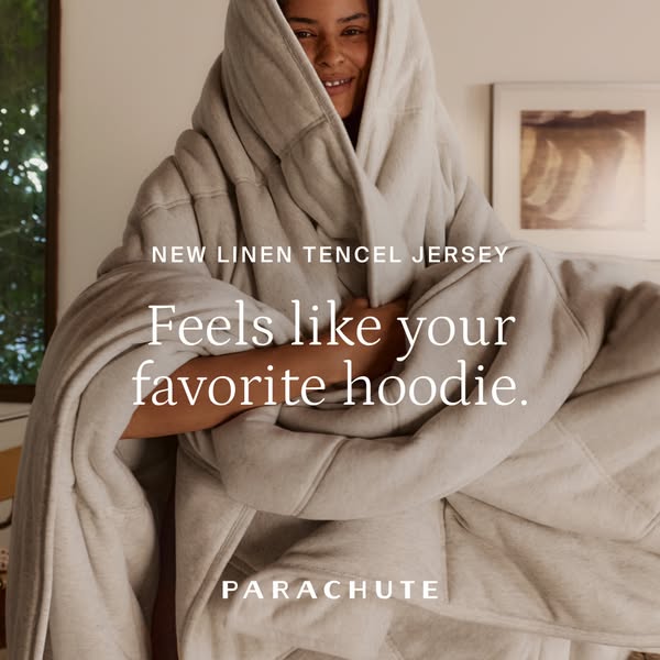 This image ad showcases Parachute's new linen tencel jersey material, focusing on the comfort and familiarity of the