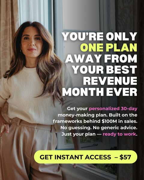 An advertisement promoting a personalized 30-day money-making plan built on frameworks behind $100M in sales, for a pric