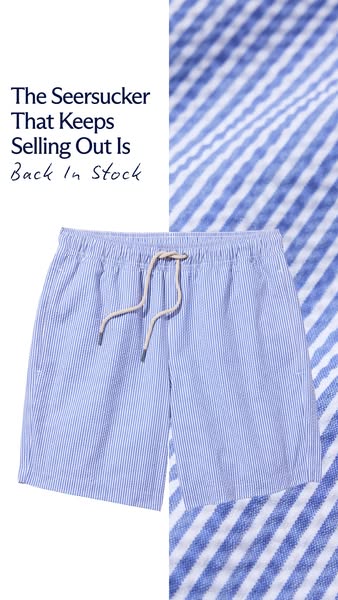 An image showcasing a pair of blue and white striped seersucker shorts. The headline announces they are back in stock.