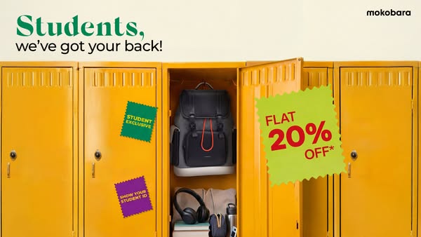 The ad features school lockers. One locker is open and filled with various items, including a backpack and headphones. T