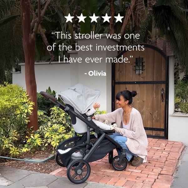 This is a testimonial ad for a stroller. The ad shows a woman and a baby next to the stroller. Above the woman is a five