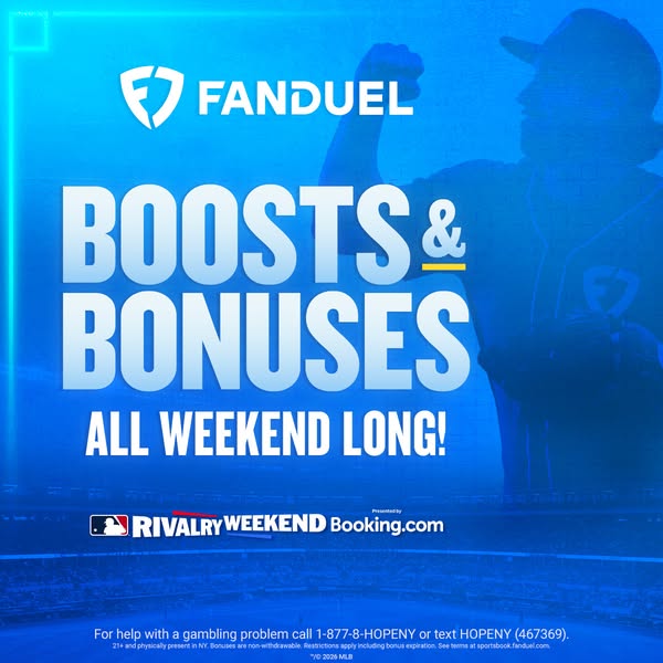 This FanDuel ad promotes boosts and bonuses all weekend long, presented by Booking.com's Rivalry Weekend.