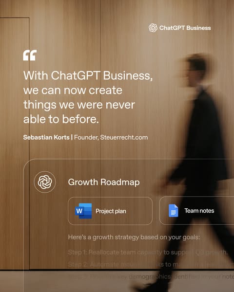The image ad promotes ChatGPT Business with a testimonial about creating things that weren't possible before. It the