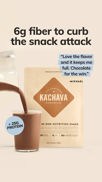 This ad showcases the Ka'Chava Chocolate In-One Nutrition Shake. It highlights the shake's high fiber and protei