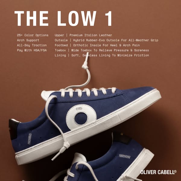 This ad showcases the Oliver Cabell brand and its Low 1 shoe. The ad highlights the shoe's features, such as its pre