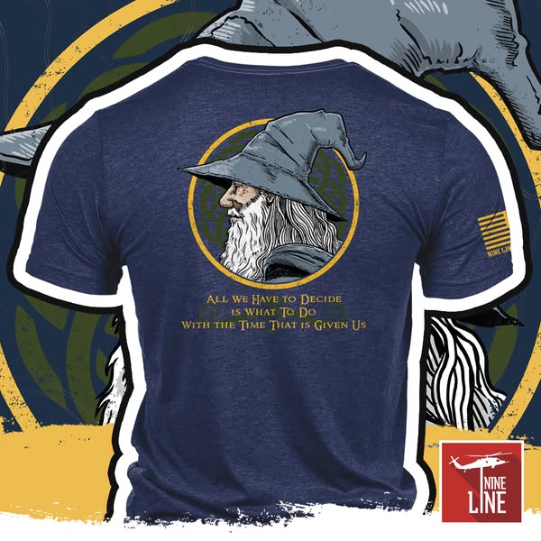 This ad promotes a Nine Line Apparel t-shirt that features an image of Gandalf the Grey and a quote about making choices
