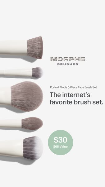 This ad features the Morphe Portrait Mode 5-Piece Face Brush Set with the promotional phrase "The internet's fa