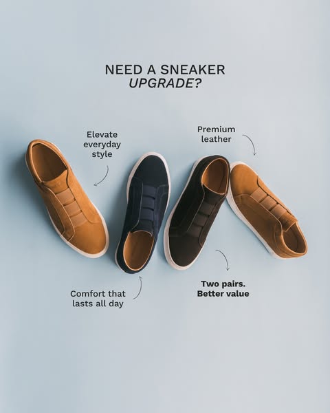 An image ad featuring four pairs of slip-on sneakers in different colors. Each pair of shoes is highlighted with text po