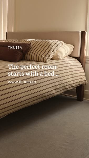 This ad features a cozy bedroom setup with a Thuma bed as the focal point. It emphasizes the idea that a perfect room st