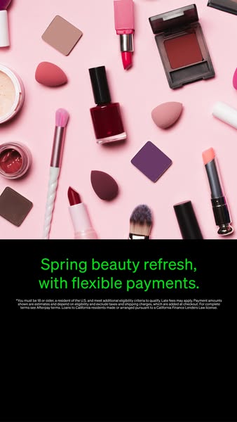 This image ad showcases a variety of beauty and makeup products arranged in a flatlay style. The ad promotes a 'spri