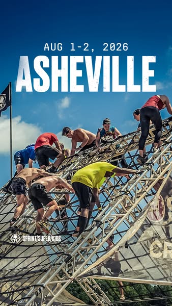 This ad promotes the Spartan race event in Asheville, NC on August 1-2, 2026. It features a group of people climbing a c