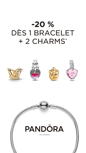 The ad promotes a special offer from Pandora. With the purchase of one bracelet and two charms, customers can save 20%. 