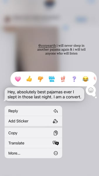 This ad uses a screenshot of a text message conversation in which the customer raves about Cozy Earth pajamas.