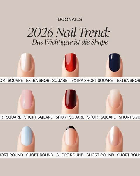 The image is an advertisement by Doonails, showcasing nail trends for 2026. It displays various nail shapes and colors, 