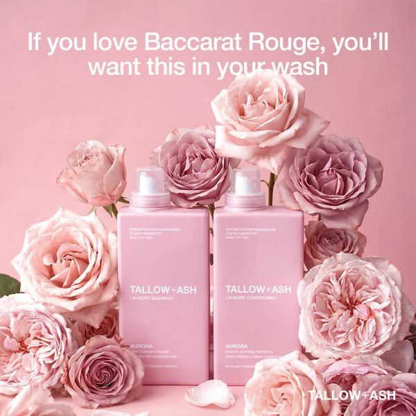This ad features Tallow + Ash laundry products positioned within a floral arrangement of blush-colored roses. The ad cop