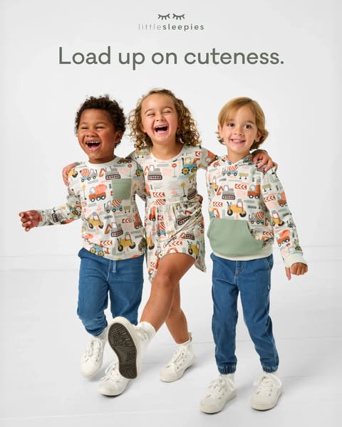 This image ad by Little Sleepies features three smiling children wearing the brand's clothing. The ad promotes the b