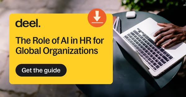 This ad promotes Deel's guide on the role of AI in HR for global organizations. The ad features a laptop being used 