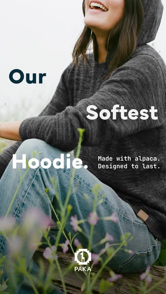 An ad showcasing the brand's soft alpaca hoodie and highlighting its long-lasting design, featuring a person outdoor