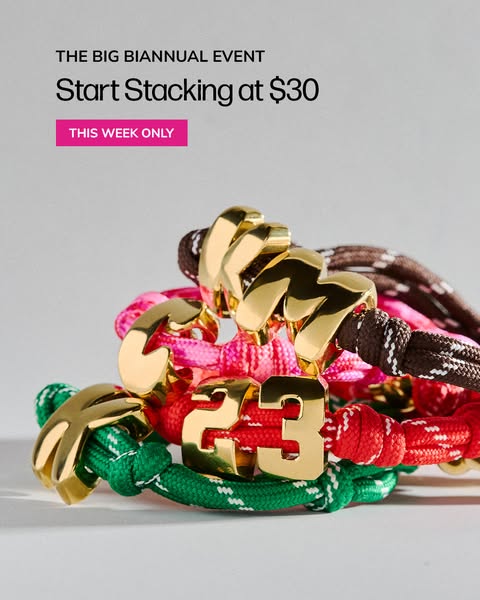 This is a promotional ad that is highlighting the ability to stack bracelets from the brand. The image showcases stacked