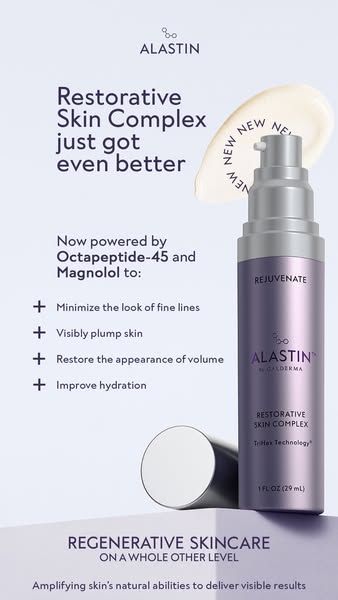 This ad for Alastin's Restorative Skin Complex highlights the product's ability to minimize fine lines, plump sk