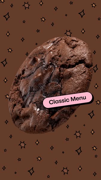 This ad showcases a rich, dark chocolate cookie against a chocolate-colored background with star-shaped icons. A pink ba