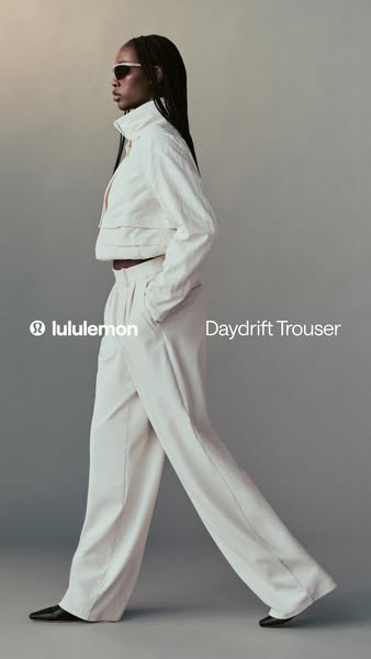This ad features an image of a model wearing Lululemon Daydrift Trousers. The model is walking, and the focus is on the