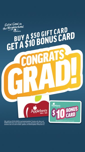 This ad promotes a limited-time offer from Applebee's: Buy a $50 gift card and get a $10 bonus card.
