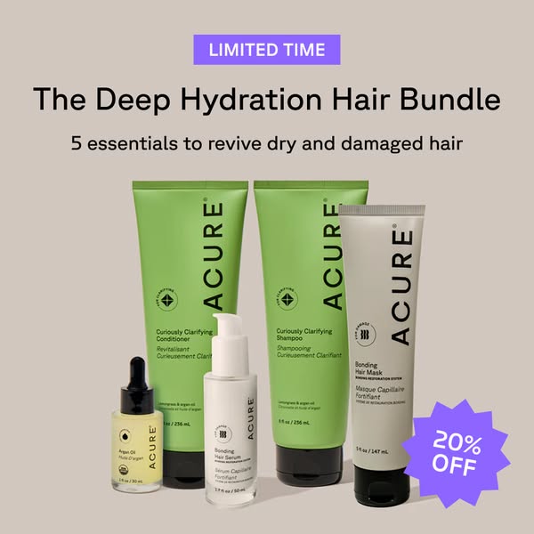 This ad showcases the Acure deep hydration hair bundle, highlighting its key components and offering a limited-time disc