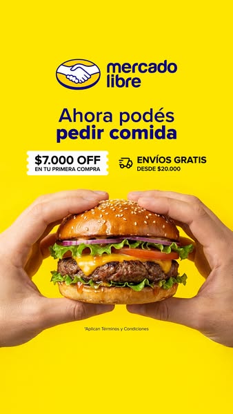 This is a Mercado Libre ad promoting the ability to order food. It features a close-up of a hamburger being held by two 