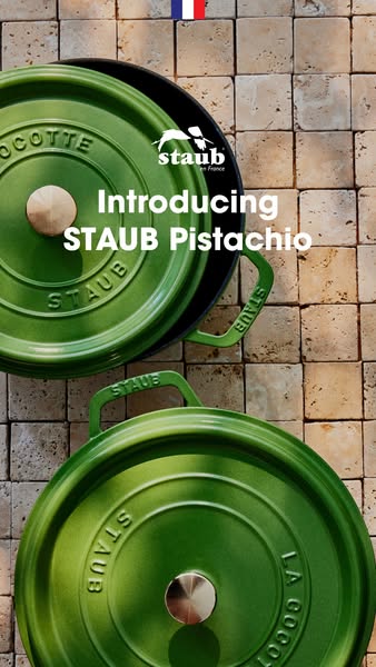 This ad showcases Staub's pistachio-colored cocottes against a background of textured tiles. The ad highlights the a