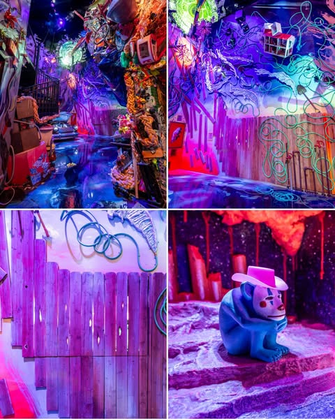 An image featuring 4 different indoor environments with colorful and unique designs.