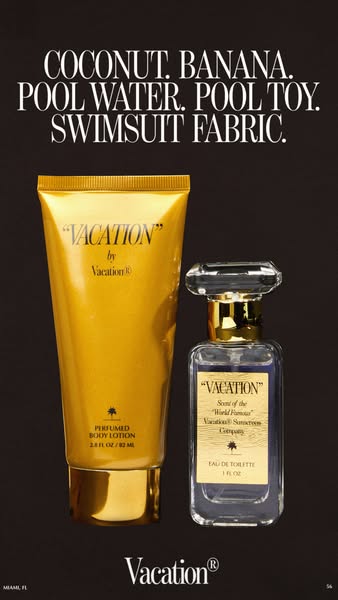 This ad promotes Vacation, a sunscreen brand, showcasing a body lotion and eau de toilette with a retro aesthetic.
