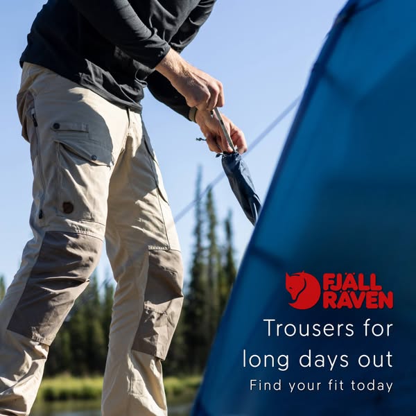 This ad features a man setting up a tent outdoors while wearing Fjallraven trousers, highlighting their suitability for 