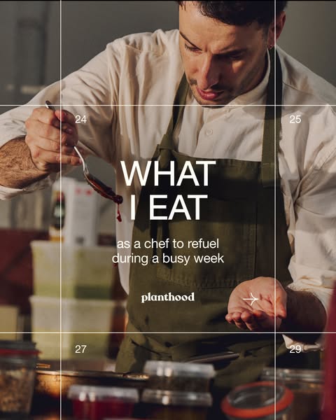 This ad showcases a chef eating Planthood, promoting the brand as a refuel option for busy professionals, using a grid l
