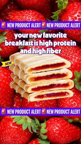 This is an image ad for a new high-protein, high-fiber breakfast food, positioned against a background of fresh strawber