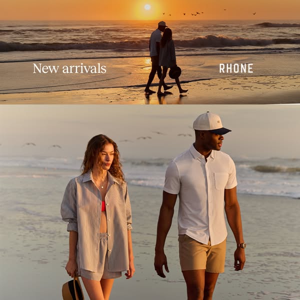 This Rhone image ad showcases a split image with a couple walking on the beach at sunset above and two models walking on
