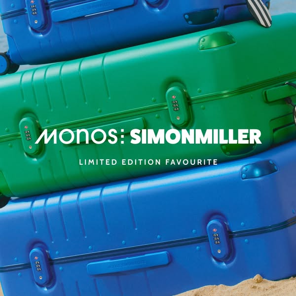 This ad showcases a limited edition Monos suitcase in collaboration with Simon Miller. The ad features a stack of suitca