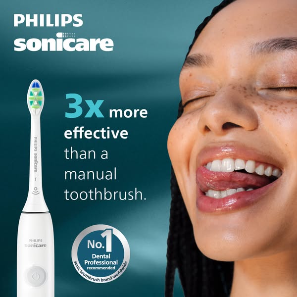 The ad features the Philips Sonicare toothbrush, showcasing its effectiveness compared to a manual toothbrush. A woman&#