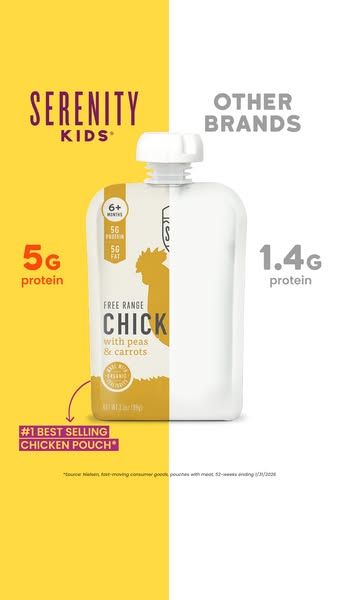 An image highlighting Serenity Kids chicken pouches as having more protein than other brands.