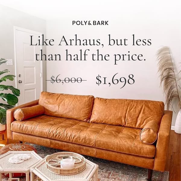 This image ad for Poly & Bark compares their sofa to a higher-priced Arhaus sofa. The ad emphasizes the cost savings