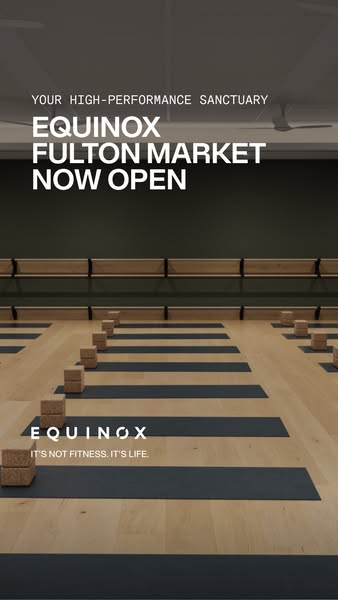 This image ad for Equinox announces the opening of their Fulton Market location. The ad uses a minimalist aesthetic to a